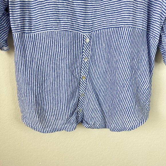 Adrienne Vittadini Top Womens 1X Plus Blue White Striped Linen Roll Tab Shirt - Picture 7 of 8